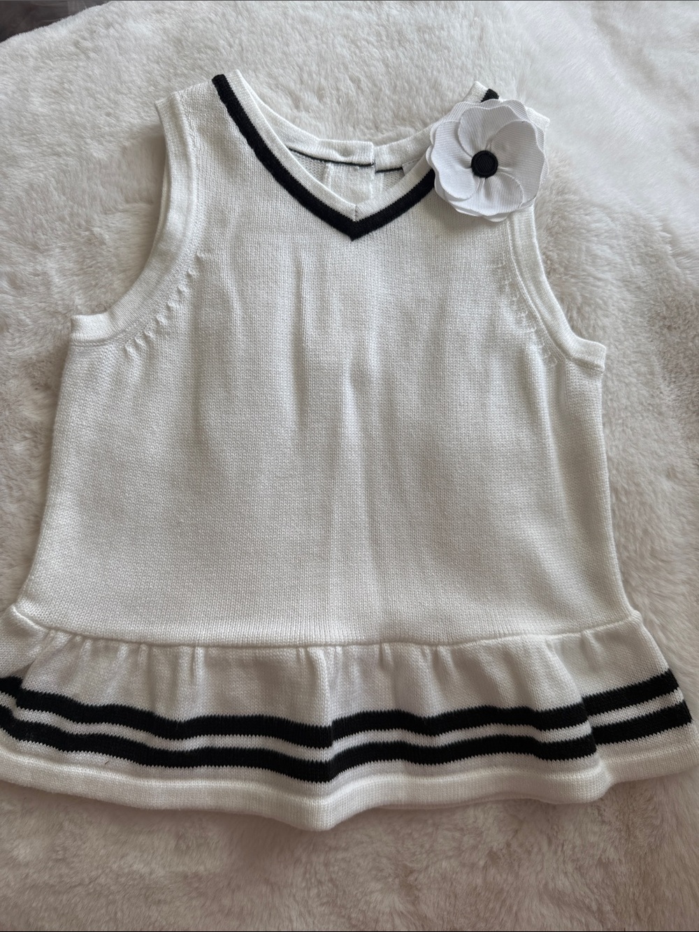 Janie and Jack White Knit Sleeveless Top with Black Trim and Flower Accent 2T
